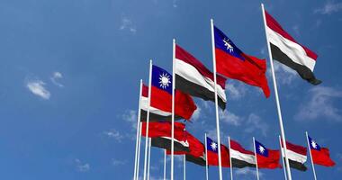 Taiwan and Yemen Flags Waving Together in the Sky, Seamless Loop in Wind, Space on Left Side for Design or Information, 3D Rendering video