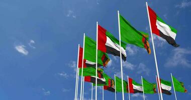 Zambia and United Arab Emirates, UAE Flags Waving Together in the Sky, Seamless Loop in Wind, Space on Left Side for Design or Information, 3D Rendering video