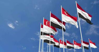 Singapore and Yemen Flags Waving Together in the Sky, Seamless Loop in Wind, Space on Left Side for Design or Information, 3D Rendering video