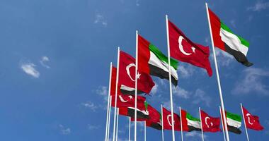 Turkey and United Arab Emirates, UAE Flags Waving Together in the Sky, Seamless Loop in Wind, Space on Left Side for Design or Information, 3D Rendering video