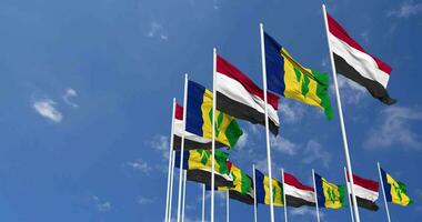 Saint Vincent and the Grenadines and Yemen Flags Waving Together in the Sky, Seamless Loop in Wind, Space on Left Side for Design or Information, 3D Rendering video