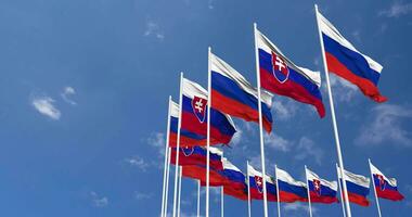 Slovakia and Russia Flags Waving Together in the Sky, Seamless Loop in Wind, Space on Left Side for Design or Information, 3D Rendering video