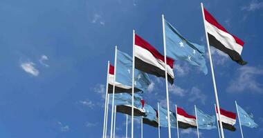 Federated States of Micronesia and Yemen Flags Waving Together in the Sky, Seamless Loop in Wind, Space on Left Side for Design or Information, 3D Rendering video