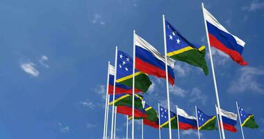 Solomon Islands and Russia Flags Waving Together in the Sky, Seamless Loop in Wind, Space on Left Side for Design or Information, 3D Rendering video