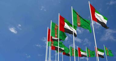 Turkmenistan and United Arab Emirates, UAE Flags Waving Together in the Sky, Seamless Loop in Wind, Space on Left Side for Design or Information, 3D Rendering video