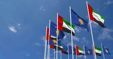 Kosovo and United Arab Emirates, UAE Flags Waving Together in the Sky, Seamless Loop in Wind, Space on Left Side for Design or Information, 3D Rendering video