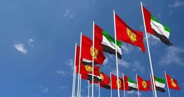 Kyrgyzstan and United Arab Emirates, UAE Flags Waving Together in the Sky, Seamless Loop in Wind, Space on Left Side for Design or Information, 3D Rendering video