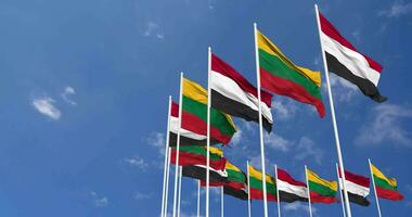 Lithuania and Yemen Flags Waving Together in the Sky, Seamless Loop in Wind, Space on Left Side for Design or Information, 3D Rendering video