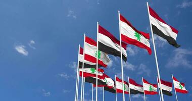 Lebanon and Yemen Flags Waving Together in the Sky, Seamless Loop in Wind, Space on Left Side for Design or Information, 3D Rendering video