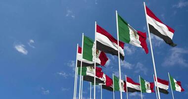 Mexico and Yemen Flags Waving Together in the Sky, Seamless Loop in Wind, Space on Left Side for Design or Information, 3D Rendering video