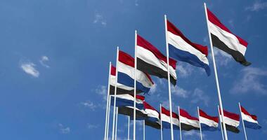 Netherlands and Yemen Flags Waving Together in the Sky, Seamless Loop in Wind, Space on Left Side for Design or Information, 3D Rendering video