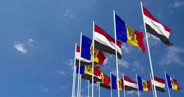 Moldova and Yemen Flags Waving Together in the Sky, Seamless Loop in Wind, Space on Left Side for Design or Information, 3D Rendering video