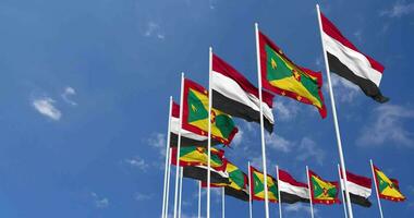 Grenada and Yemen Flags Waving Together in the Sky, Seamless Loop in Wind, Space on Left Side for Design or Information, 3D Rendering video