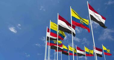 Ecuador y Yemen banderas ondulación juntos en el cielo, sin costura lazo en viento, espacio en izquierda lado para diseño o información, 3d representación video
