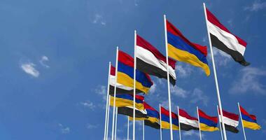 Armenia and Yemen Flags Waving Together in the Sky, Seamless Loop in Wind, Space on Left Side for Design or Information, 3D Rendering video