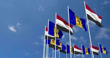 Barbados and Yemen Flags Waving Together in the Sky, Seamless Loop in Wind, Space on Left Side for Design or Information, 3D Rendering video