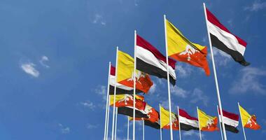 Bhutan and Yemen Flags Waving Together in the Sky, Seamless Loop in Wind, Space on Left Side for Design or Information, 3D Rendering video