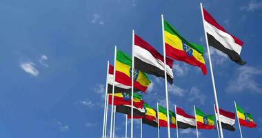 Ethiopia and Yemen Flags Waving Together in the Sky, Seamless Loop in Wind, Space on Left Side for Design or Information, 3D Rendering video