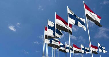 Finland and Yemen Flags Waving Together in the Sky, Seamless Loop in Wind, Space on Left Side for Design or Information, 3D Rendering video