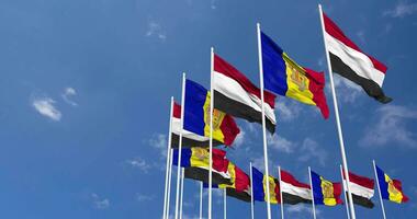 Andorra and Yemen Flags Waving Together in the Sky, Seamless Loop in Wind, Space on Left Side for Design or Information, 3D Rendering video