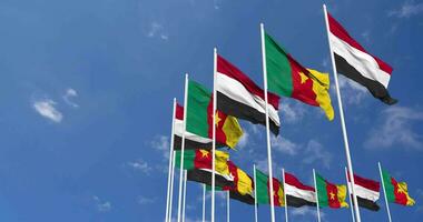 Cameroon and Yemen Flags Waving Together in the Sky, Seamless Loop in Wind, Space on Left Side for Design or Information, 3D Rendering video