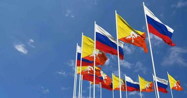Bhutan and France Flags Waving Together in the Sky, Seamless Loop in Wind, Space on Left Side for Design or Information, 3D Rendering video