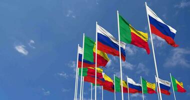 Benin and France Flags Waving Together in the Sky, Seamless Loop in Wind, Space on Left Side for Design or Information, 3D Rendering video