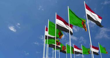 Zambia and Yemen Flags Waving Together in the Sky, Seamless Loop in Wind, Space on Left Side for Design or Information, 3D Rendering video