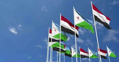 Djibouti and Yemen Flags Waving Together in the Sky, Seamless Loop in Wind, Space on Left Side for Design or Information, 3D Rendering video