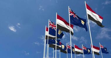 Anguilla und Jemen Flaggen winken zusammen im das Himmel, nahtlos Schleife im Wind, Raum auf links Seite zum Design oder Information, 3d Rendern video
