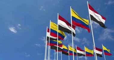 Colombia and Yemen Flags Waving Together in the Sky, Seamless Loop in Wind, Space on Left Side for Design or Information, 3D Rendering video