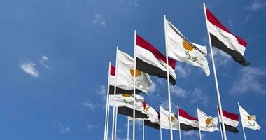 Cyprus and Yemen Flags Waving Together in the Sky, Seamless Loop in Wind, Space on Left Side for Design or Information, 3D Rendering video