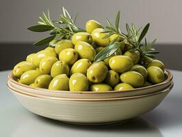 AI generated large buttery olives on white plate photo