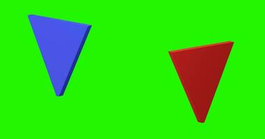 3d verde pantalla animación de cierto y falso triángulo señales, rojo y azul triangulos video