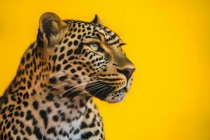 ai generado leopardo en un amarillo antecedentes. neural red ai generado foto