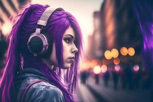 AI generated Portrait of young girl with purple hair listening music with headphones on city street. Neural network generated art photo