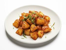 AI generated fried potatas bravas on white plate photo