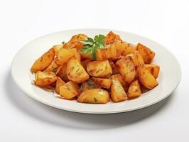 AI generated fried potatas bravas on white plate photo