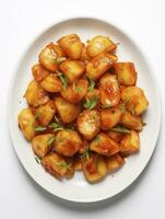 AI generated fried potatas bravas on white plate photo