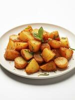 ai generado frito patatas bravas en blanco plato foto