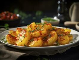 ai generado frito patatas bravas en blanco plato foto