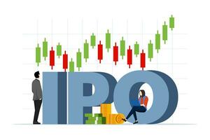 inicial público ofrecimiento ipo concepto. caracteres de empresario, emprendedor, comerciante hombre y mujer en grande crecimiento gráfico y oro monedas valores mercado Comparte. plano vector ilustración en antecedentes.