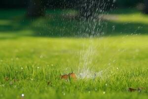 AI generated Automatic Garden Lawn sprinkler in action watering grass. Neural network AI generated photo