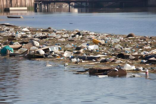AI generated The river is polluted with plastic and garbage. Neural network AI generated photo