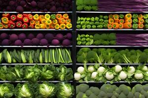 AI generated Supermarket showcase with wooden boxes of vegetables. Neural network AI generated photo