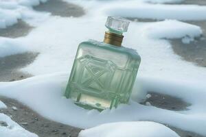 AI generated Perfume bottle in the snow, winter, fresh cold fragrance concept. Neural network generated art photo