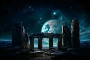 AI generated stone henge mock building against the backdrop of night and space. Neural network AI generated photo