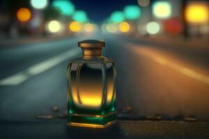 AI generated Perfume bottle against the backdrop of night city lights. Neural network generated art photo
