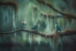 AI generated Group of birds on a branch, cold tone. Neural network AI generated photo