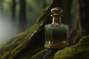 AI generated Perfume bottle in a green forest on a mossy substrate. Neural network generated art photo